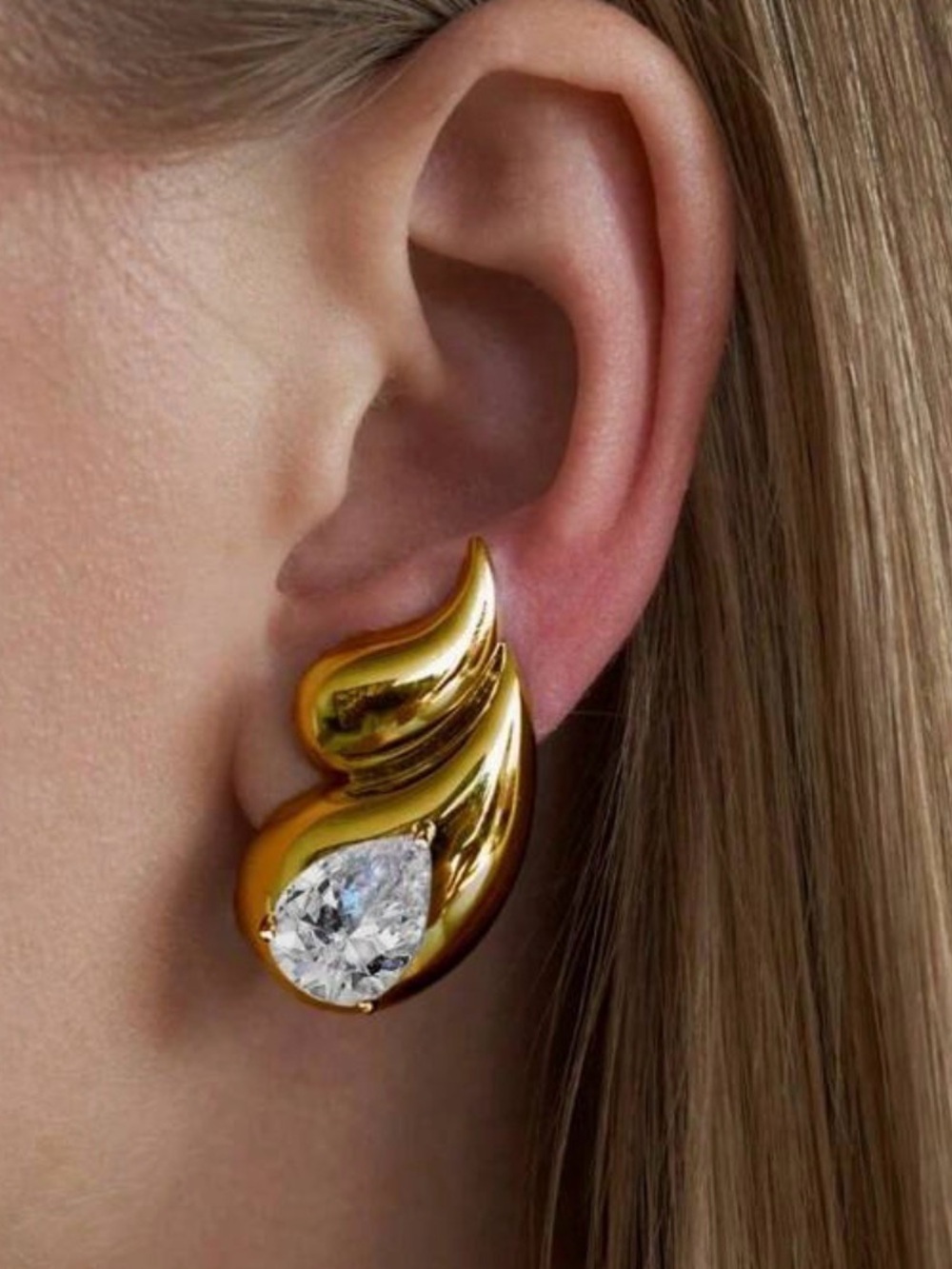 Gold Teardrop Wing Earrings with Clear Crystal